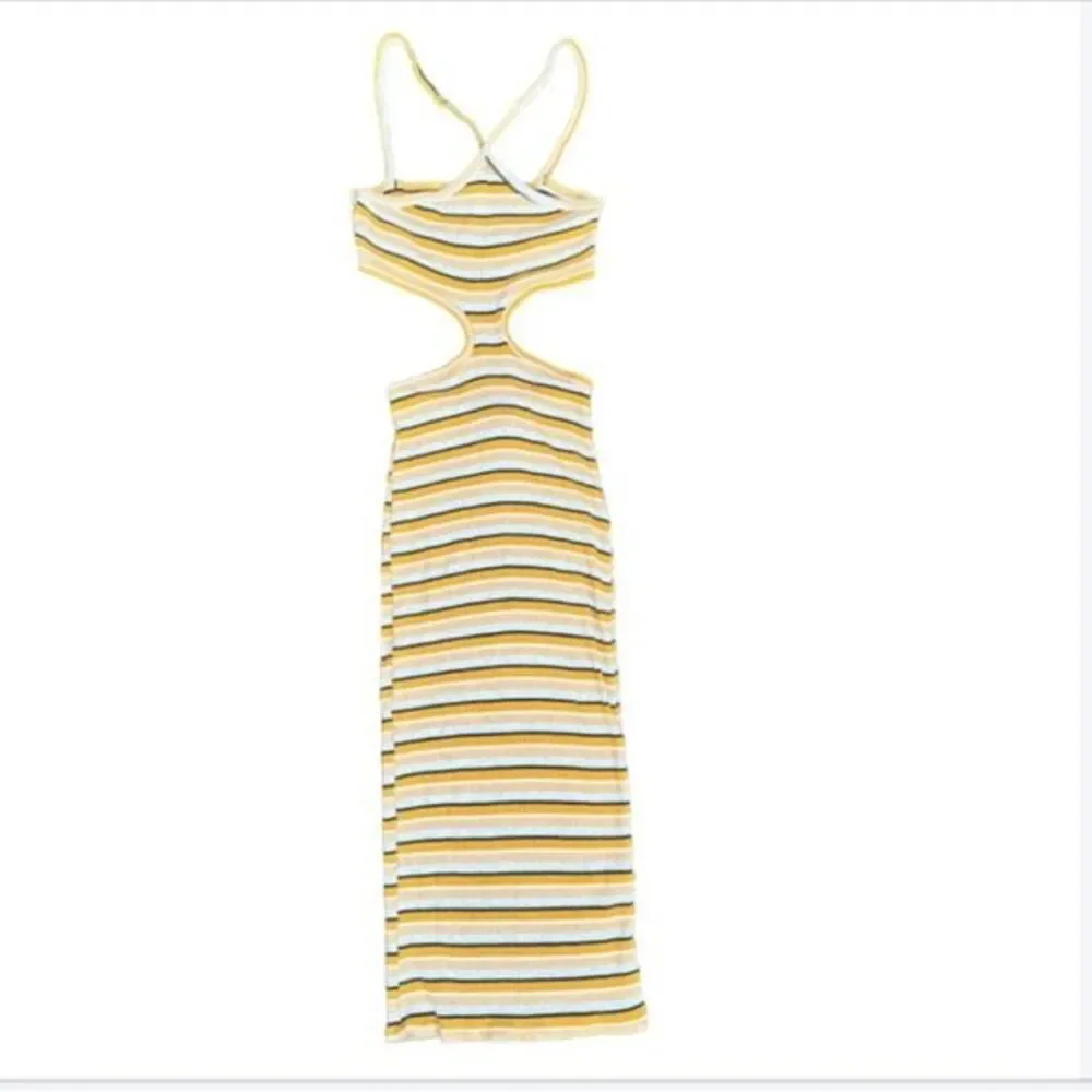 Yellow midi dress small striped cut out bodycon yellow halter ribbed sexy flirty - Picture 2 of 3